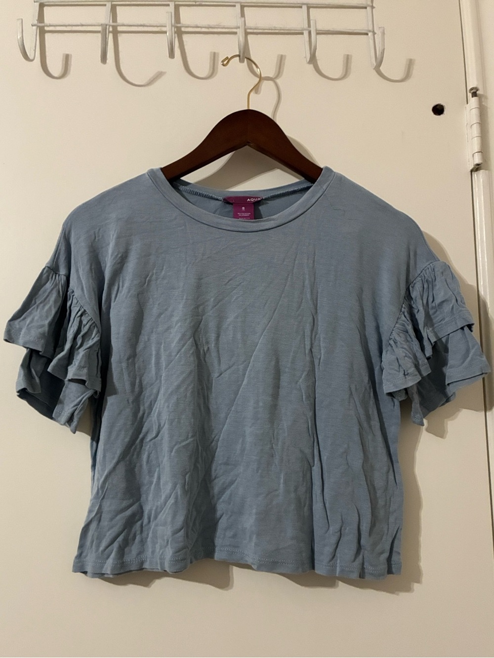 AQUA Slate Blue Ruffle Short Sleeve Top - Size Large (14)